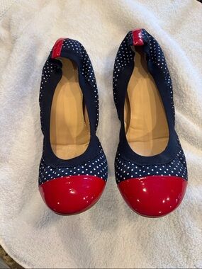 J. Crew Navy Polka Dot Ballet Flats with Red Patent Toe
